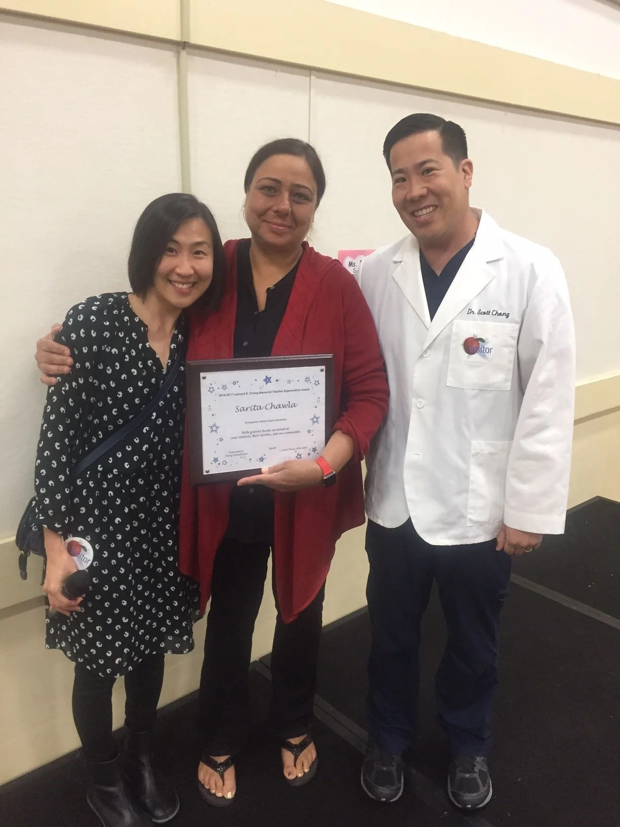 Left: The nominating parent, Mrs. Chan; Mrs. Sarita Chawla; and Dr. Scott Chong