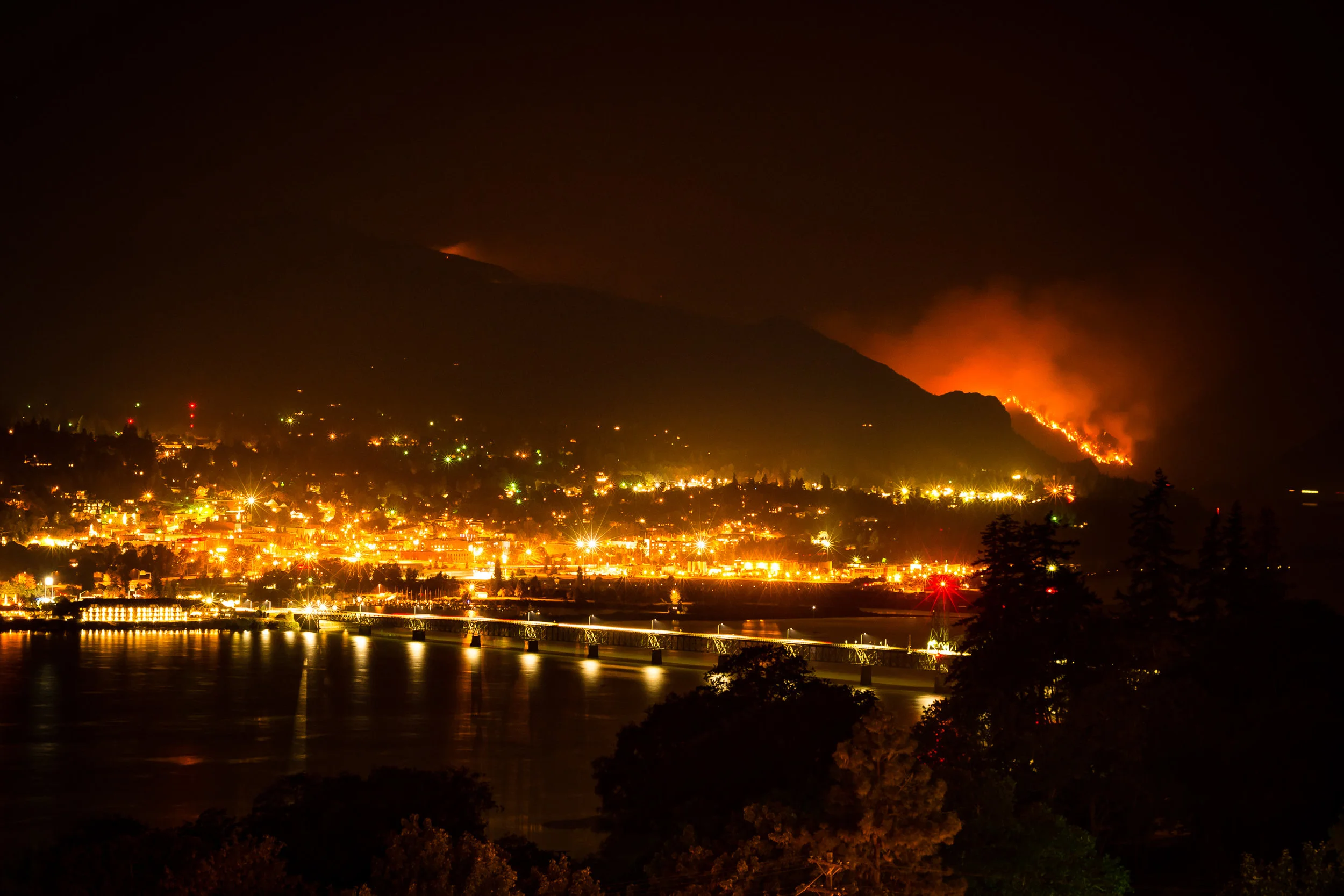 Hood River, OR with the Eagle Creek Fire looming in the distance.