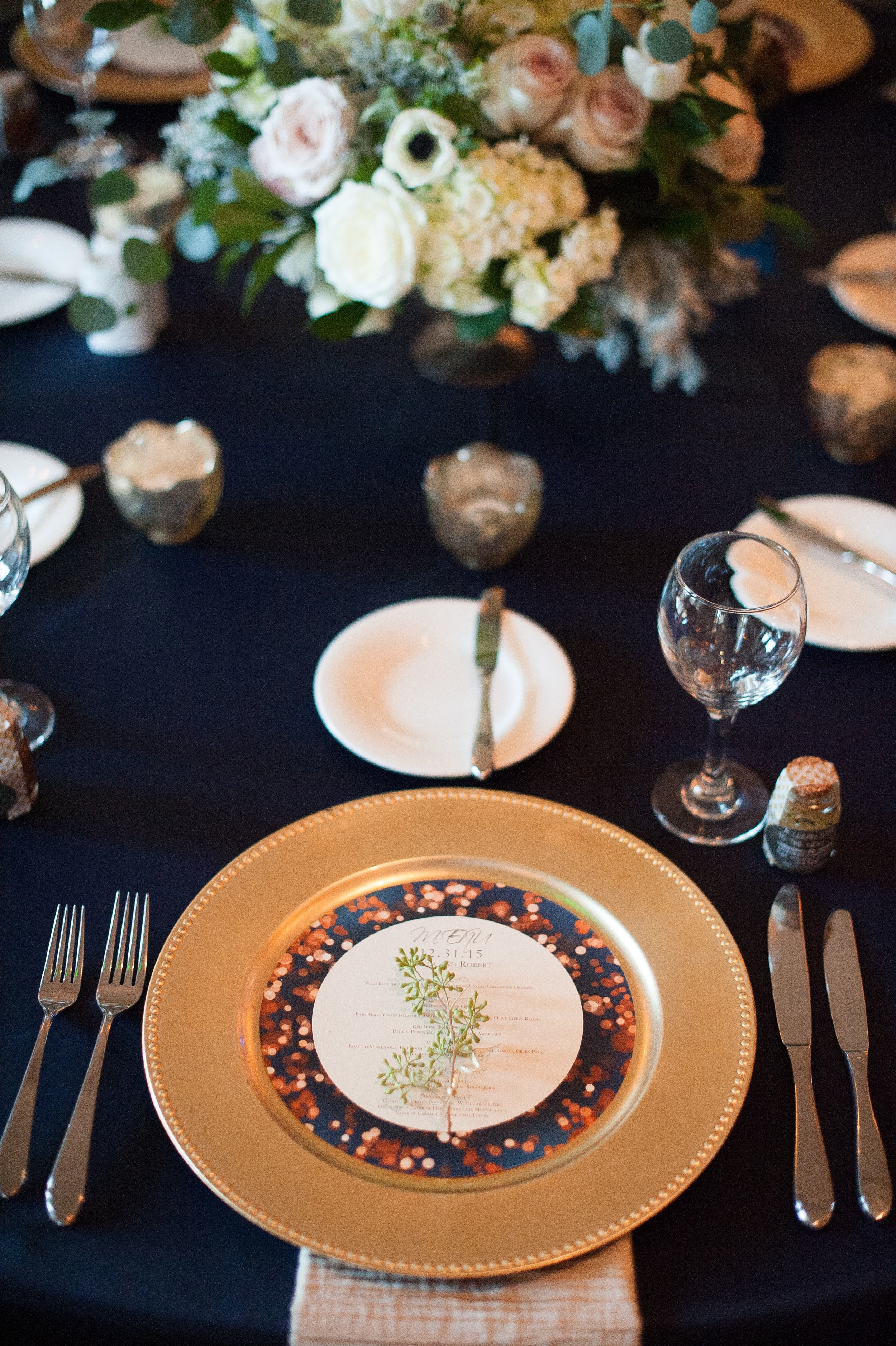 www.santabarbaraweddingstyle.com | San | Felici Events | Belmond El Encanto | Nate & Jenny Weddings | Precious and Blooming | Reception | Navy and Gold Wedding Table Top Inspo