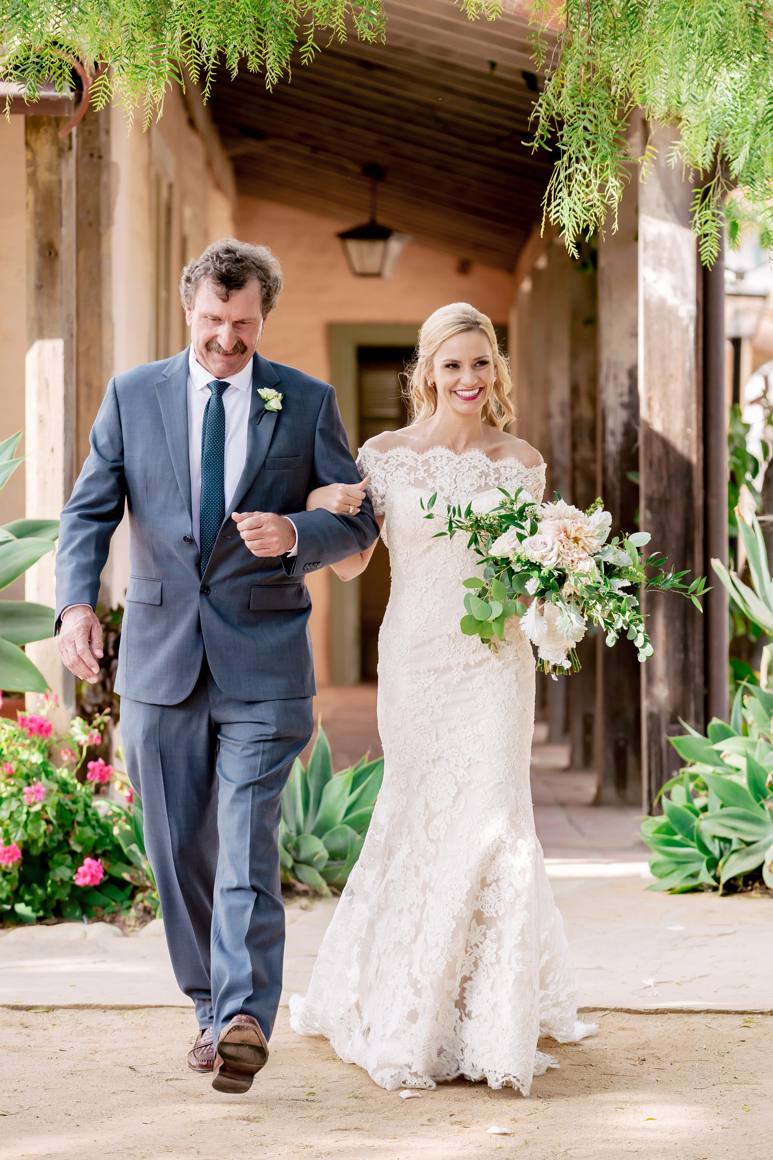 www.santabarbarawedding.com | Rewind Photography | Events by M and M | Santa Barbara Historical Museum | Bride and Father walking down aisle