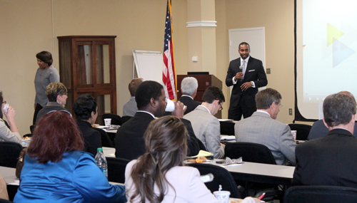 Waymond Jackson, vice president of workforce development at the BBA addresses workforce professionals at the workshop.