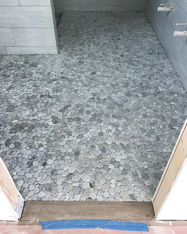 BARE FEET ONLY: Honed stone pebble floors (in the works) will help to give a natural and soft bath experience for this client&rsquo;s Florida retreat ☀️ #interiordesign #bathroomdesign
