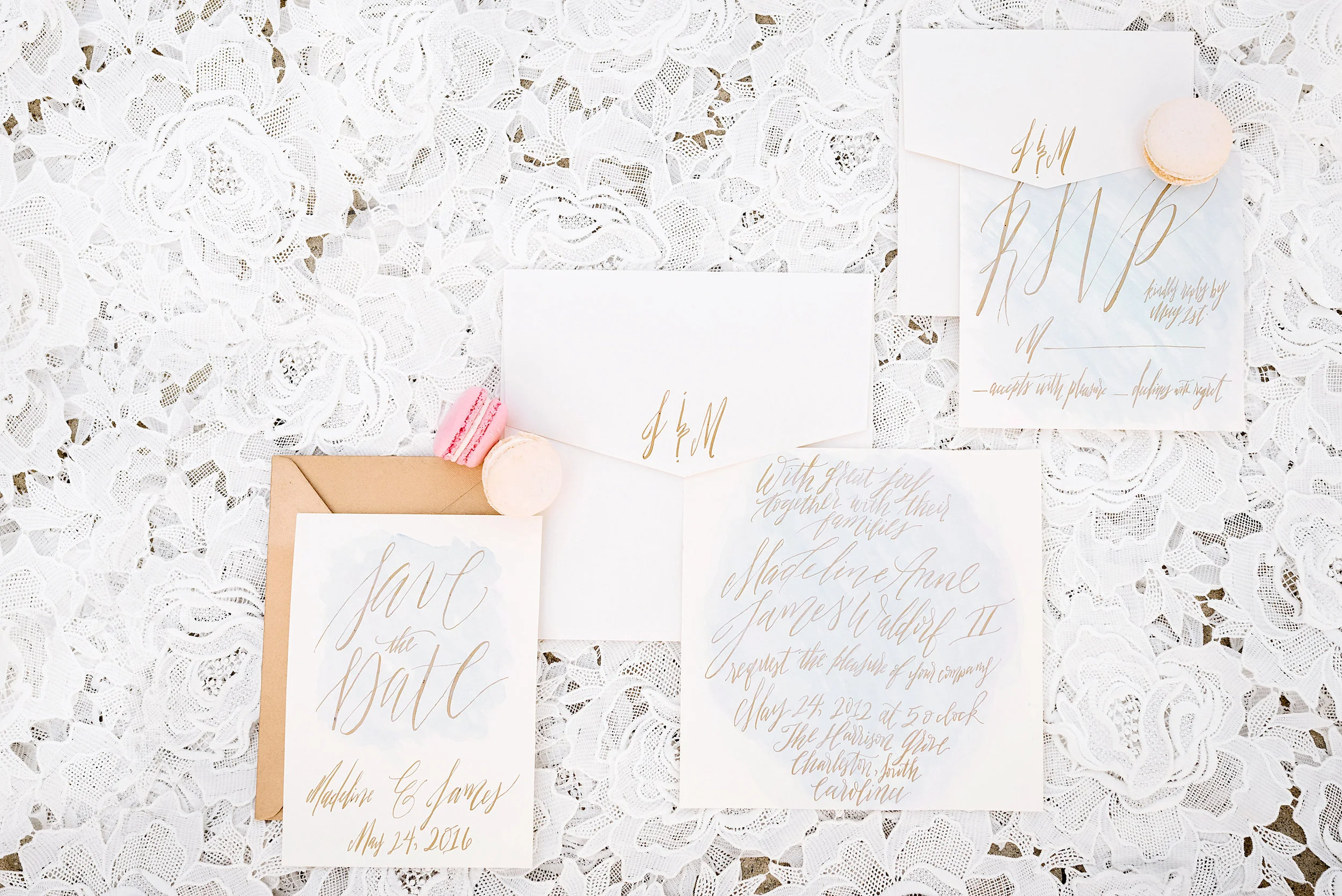 Invitation suite custom made for a styled shoot in Charleston, SC. Gold ink with a watercolor wash on luxe cream papers. http://theeverylastdetail.com/pink-purple-southern-glam-wedding-ideas/ Photo Credit: Ashley Fisher Photography