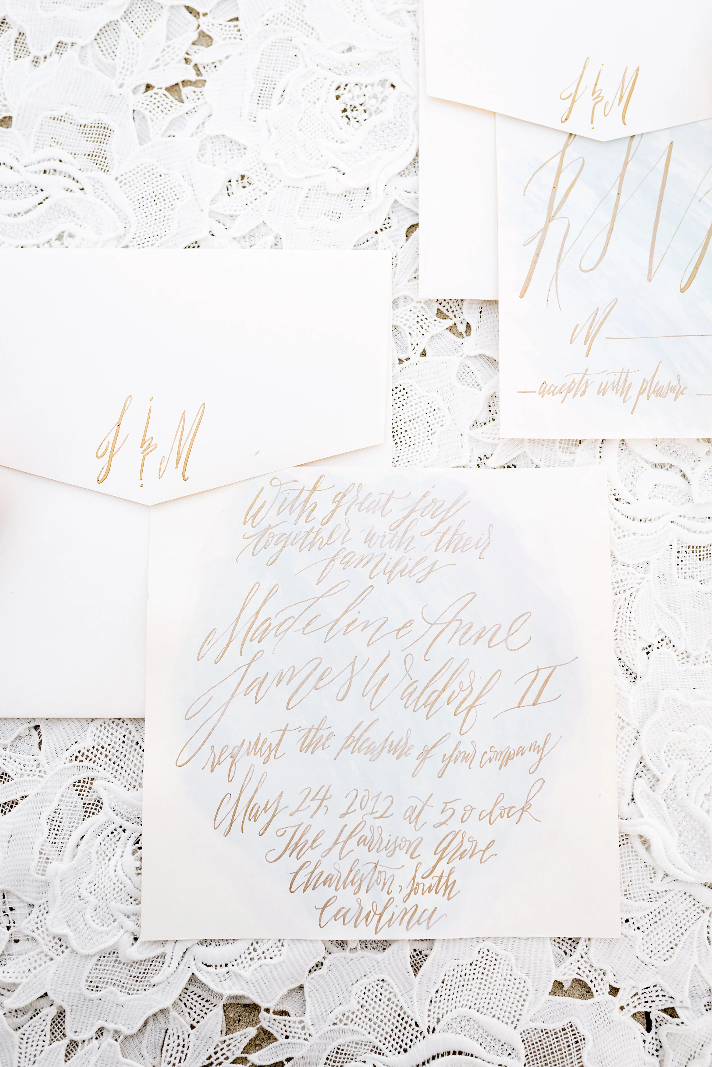 Invitation suite custom made for a styled shoot in Charleston, SC. Gold ink with a watercolor wash on luxe cream papers. http://theeverylastdetail.com/pink-purple-southern-glam-wedding-ideas/ Photo Credit: Ashley Fisher Photography