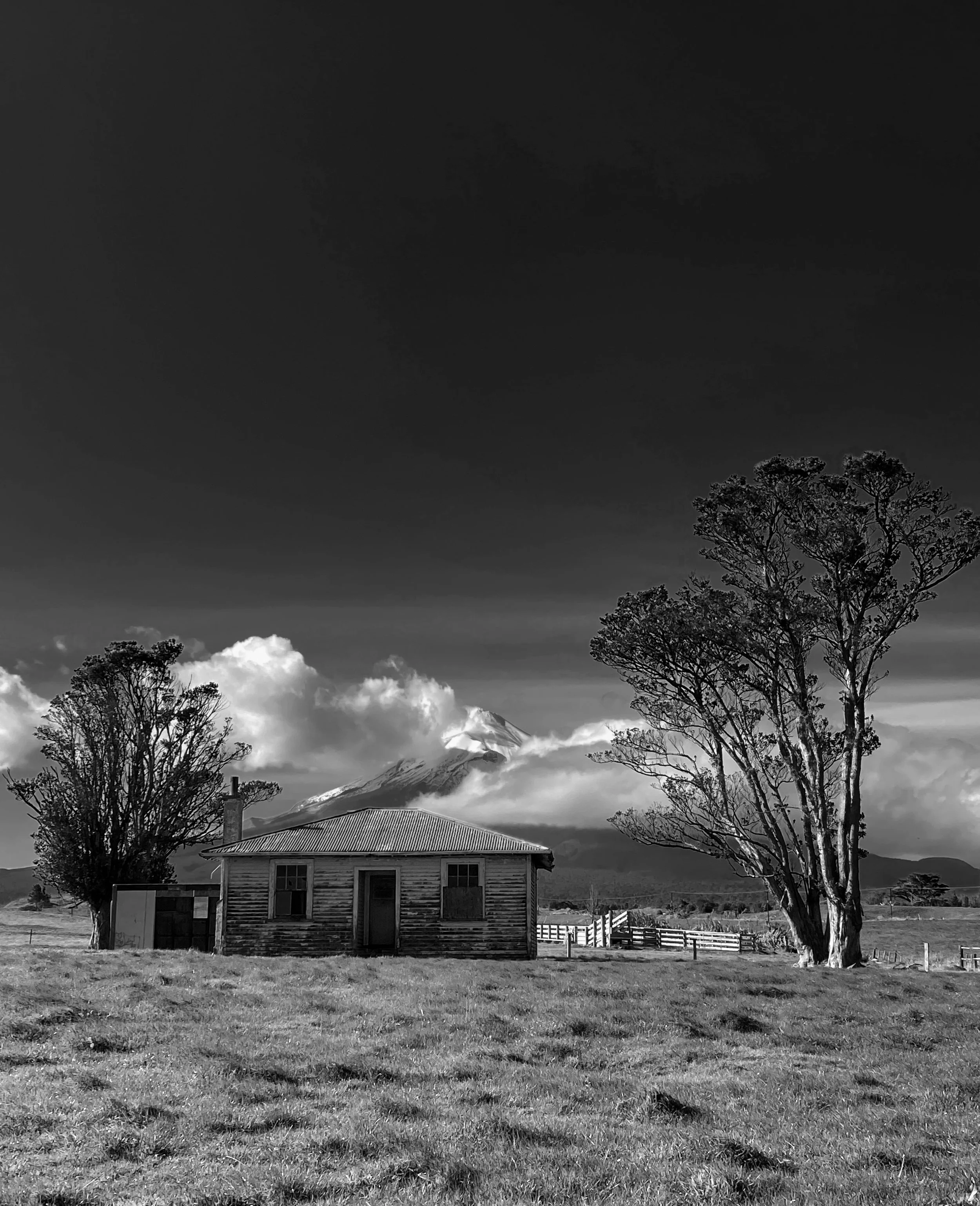 Abandoned Mt. Taranki Bungalow Vertical Clear Skies
