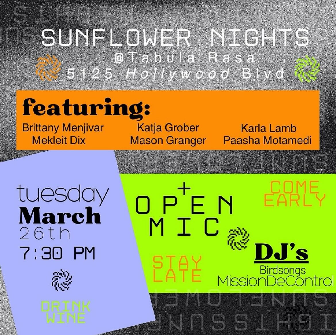 🌻🌜Sunflower Nights at Tabula Rasa Bar🌛 🌻 Tonight, Tuesday March 26th at 7:30 is poetry night with @sunflowerstationpress , tunes by our very own @pjzettle