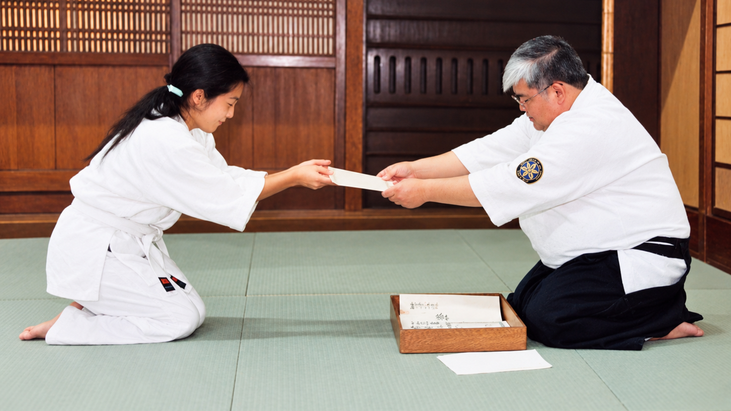 Kay sera receiving rank from Furuya Sensei