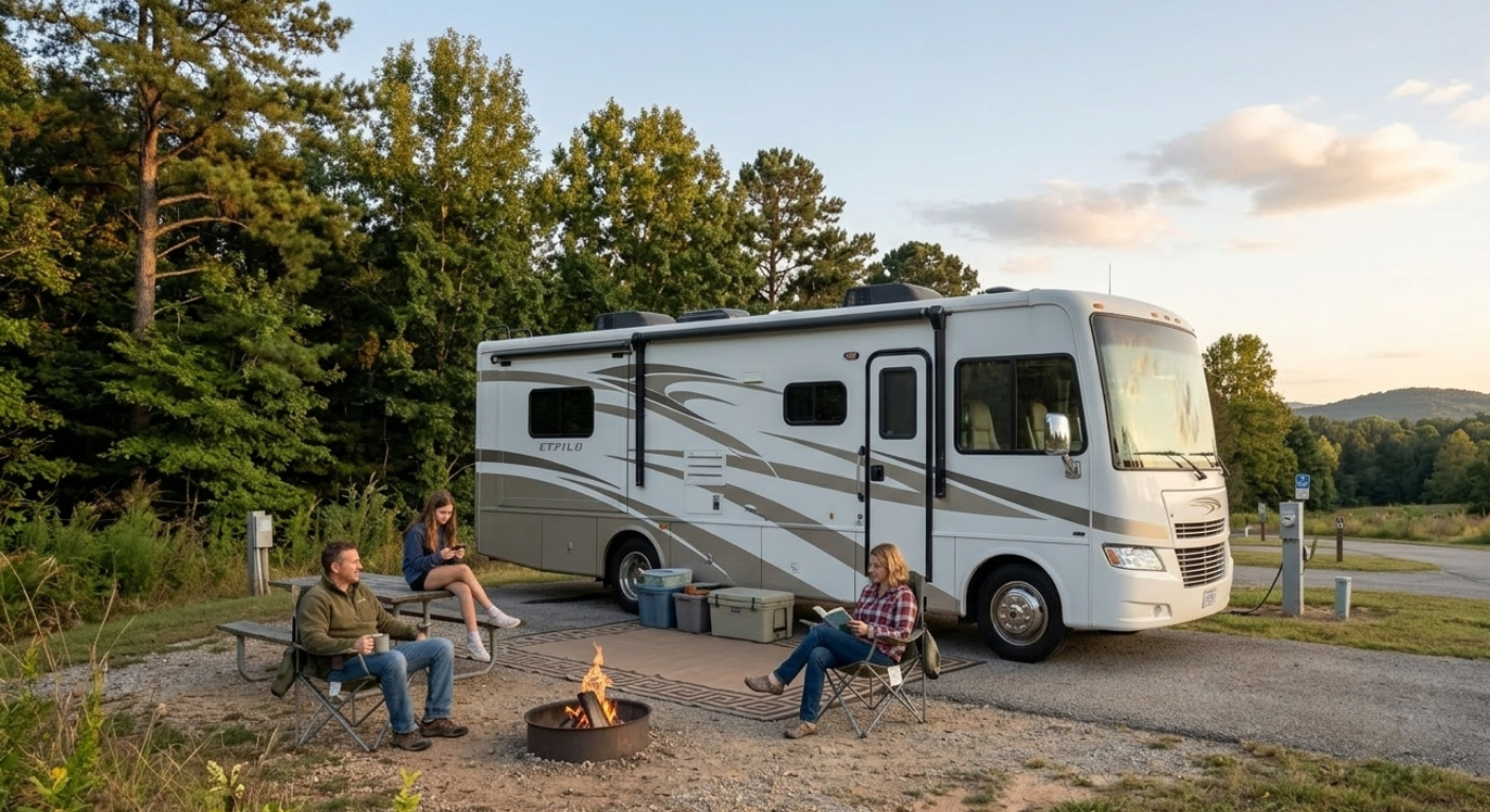 Family relaxing by a campfire next to a motorhome RV at a campsite surrounded by trees