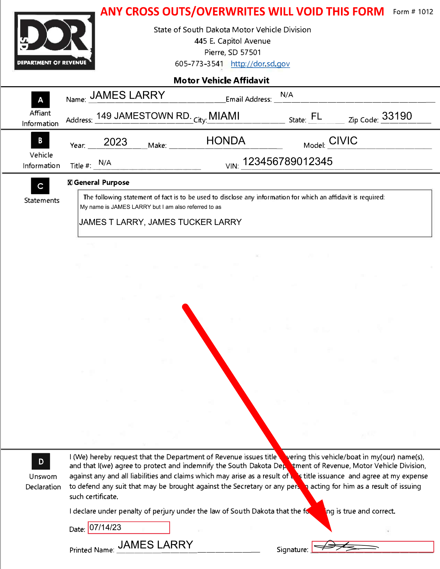 General Affidavit (South Dakota) — Dirt Legal