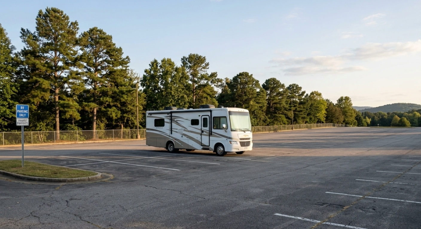 Motorhome RV parked in an empty parking lot surrounded by trees at sunset