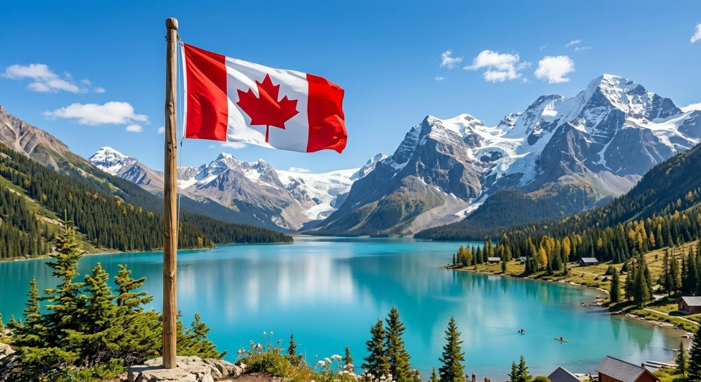 Canadian flag overlooking a turquoise lake with snow-capped mountains and forest landscape