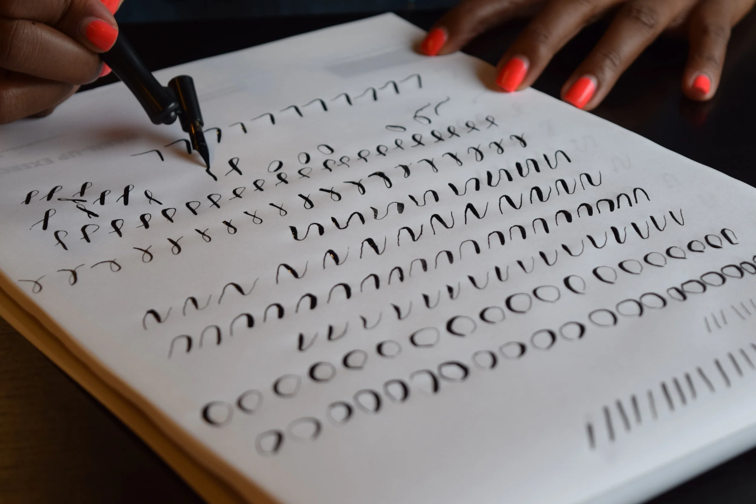 Practicing our shades and hairlines and how to hold the Nib.