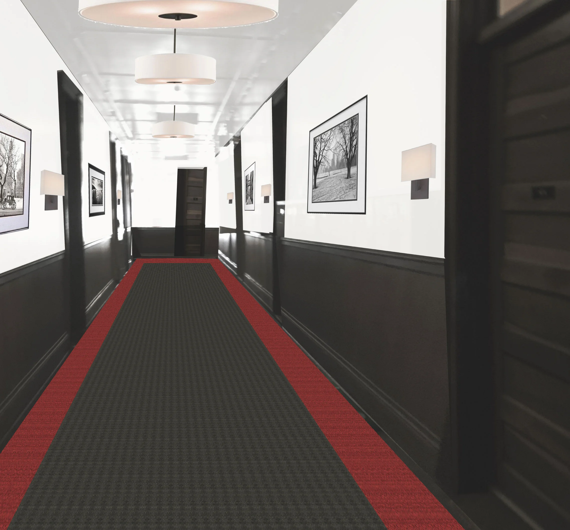 The interior hallway features an updated version of a classic theme.