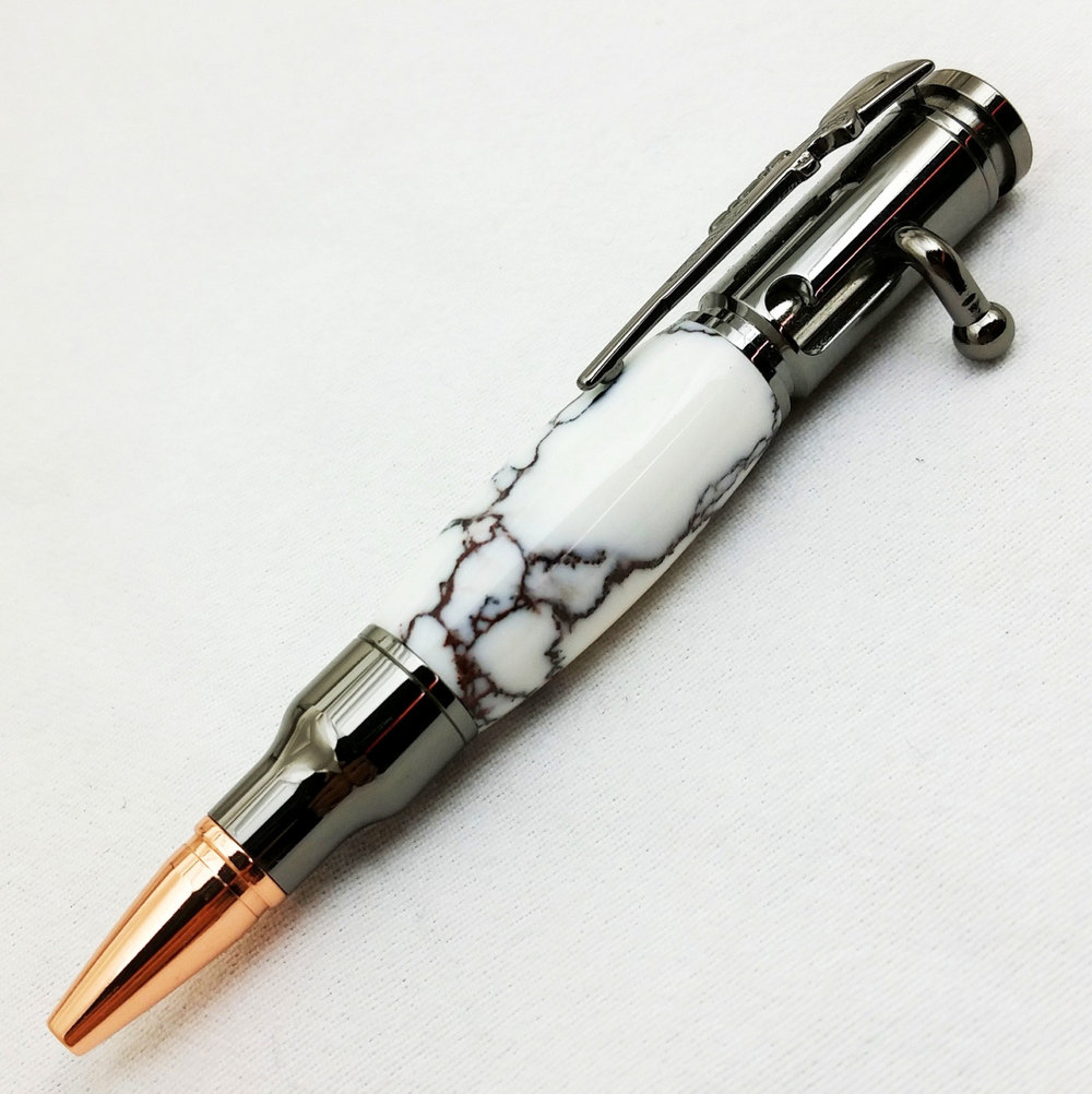 White Marble Tru-stone Mini 30 Caliber Bolt Action Gun Metal Bullet  Cartridge Pen — Woodnotch