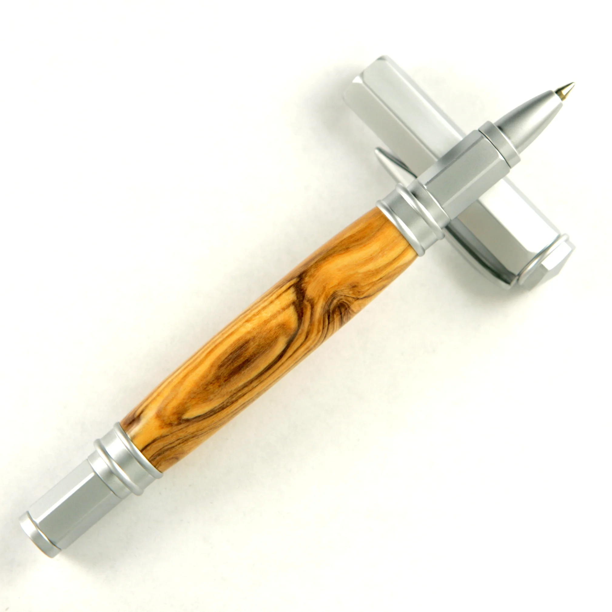 Bethlehem Olive Wood Magnetic Vertex Brushed Satin Fountain or Rollerball Pen