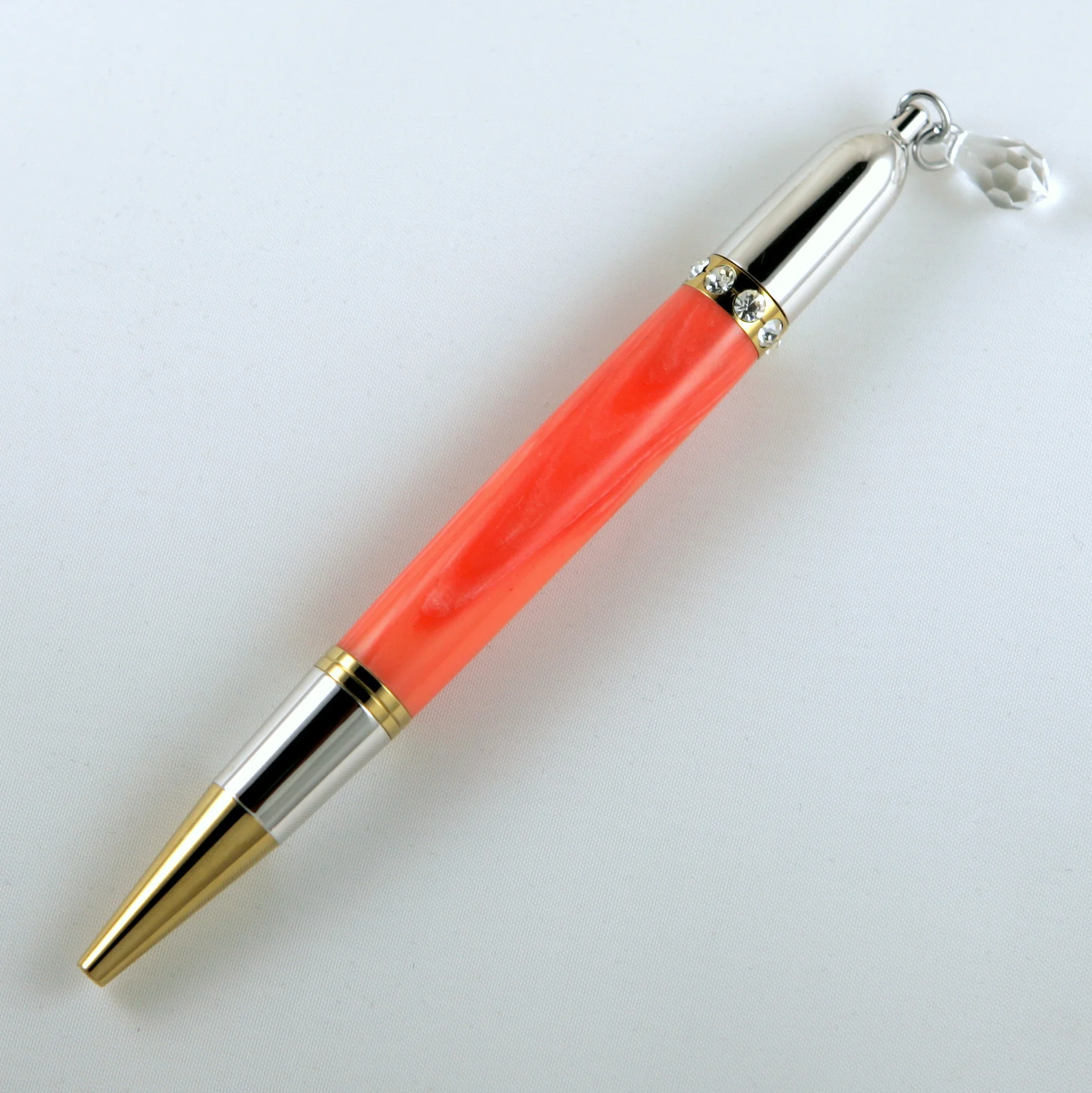 Pink Asian Coral Trustone Diva Charm Clear Crystals Pen in Gold TN and Rhodium