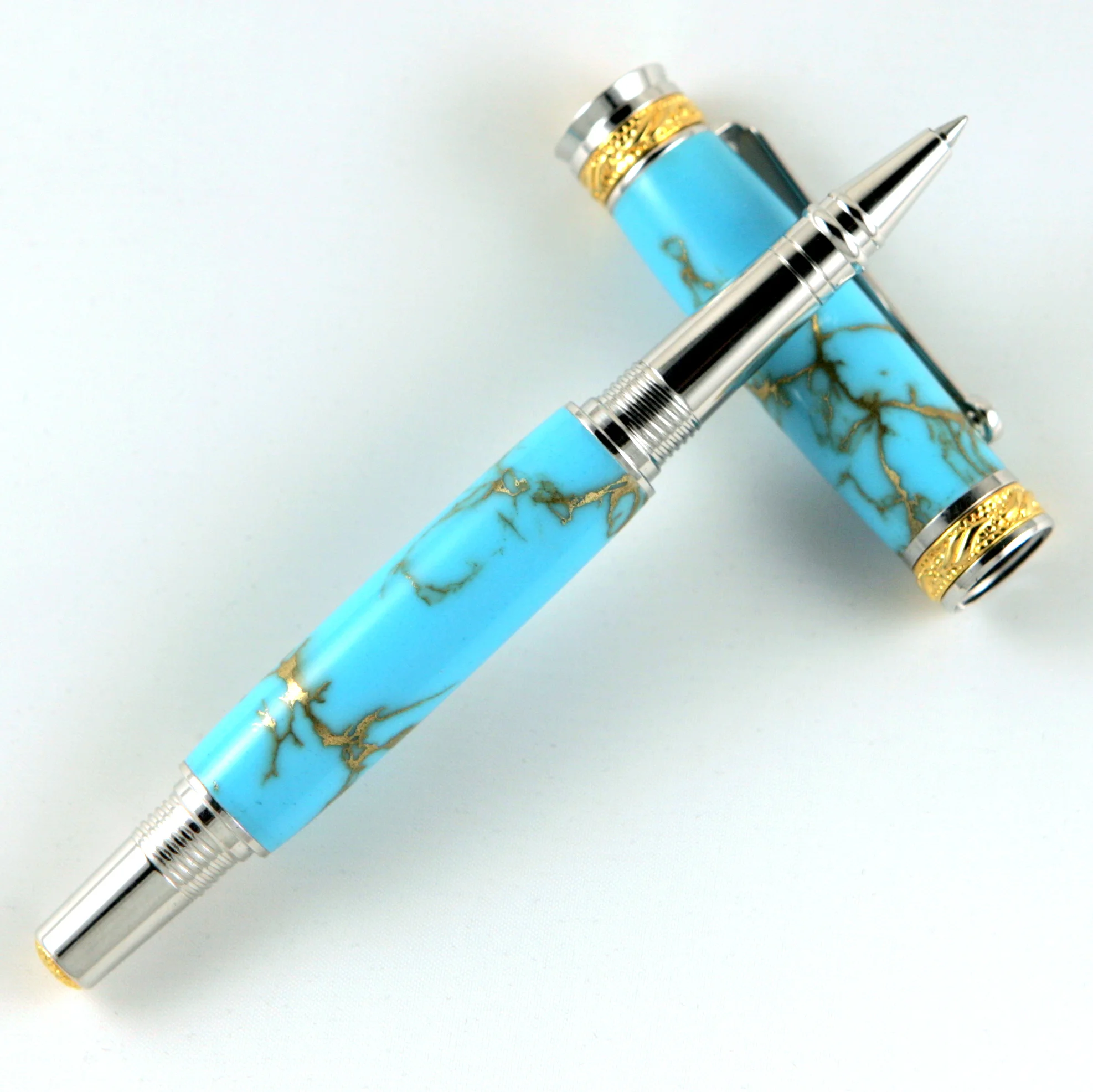 Turquoise & Gold TruStone Majestic Jr Fountain or Rollerball Pen