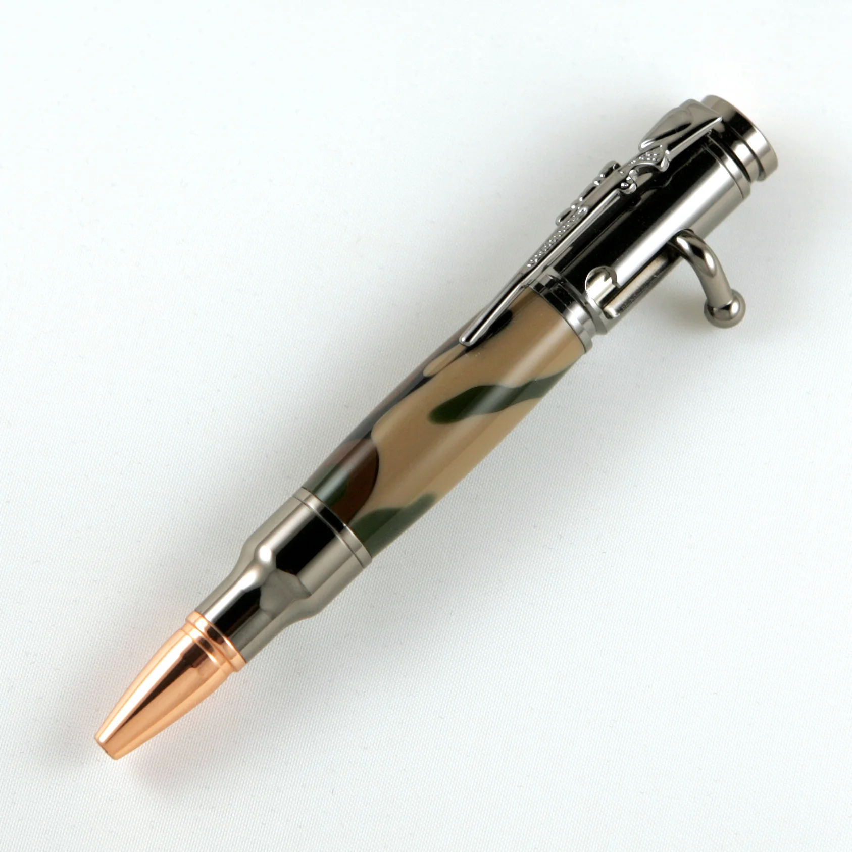 Woodland Camo Acrylic Mini 30 Caliber Bolt Action Gun Metal Bullet Cartridge Pen