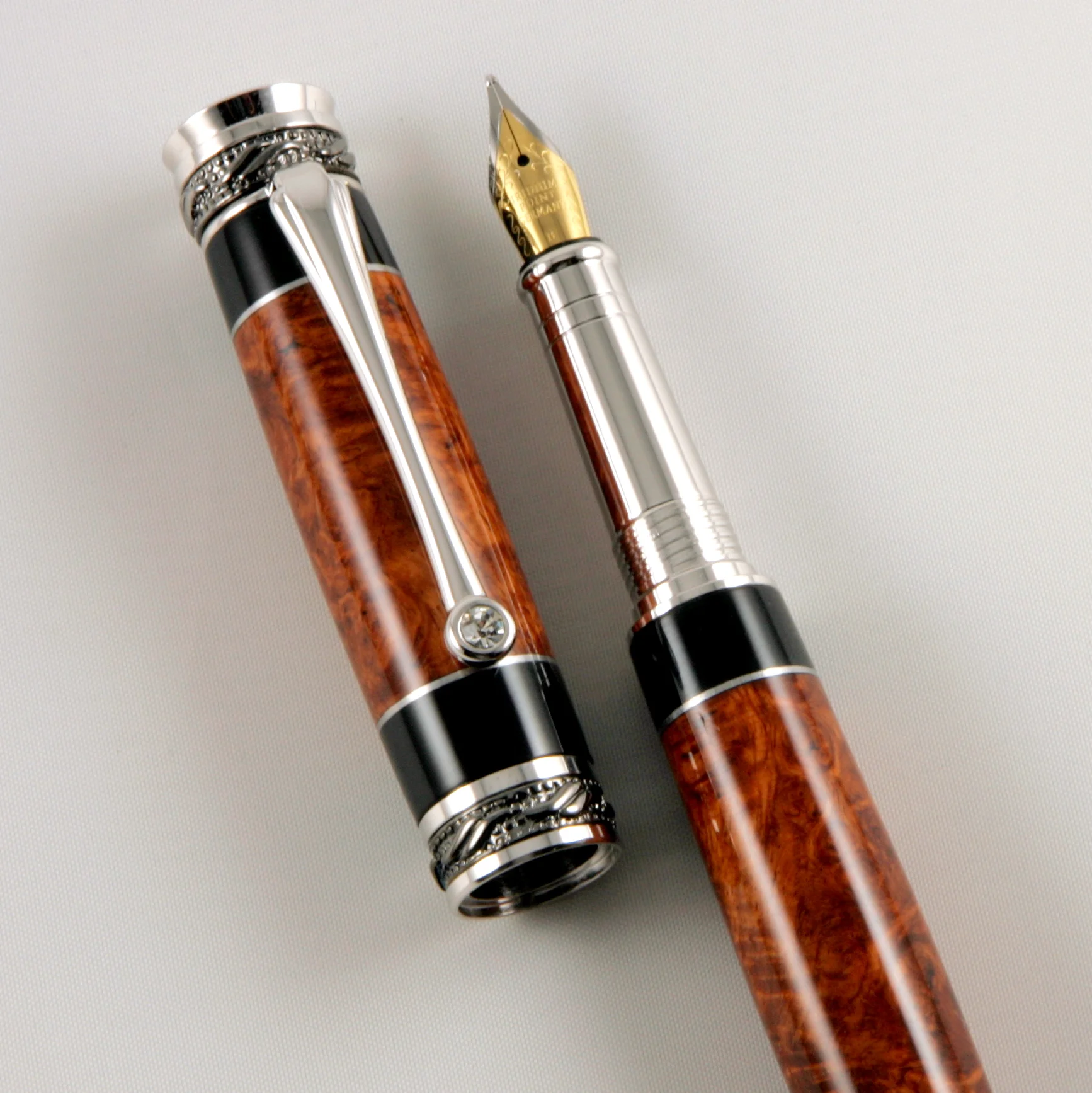Amboyna Burl & Ebony with Sterling Majestic Jr Fountain or Rollerball Pen