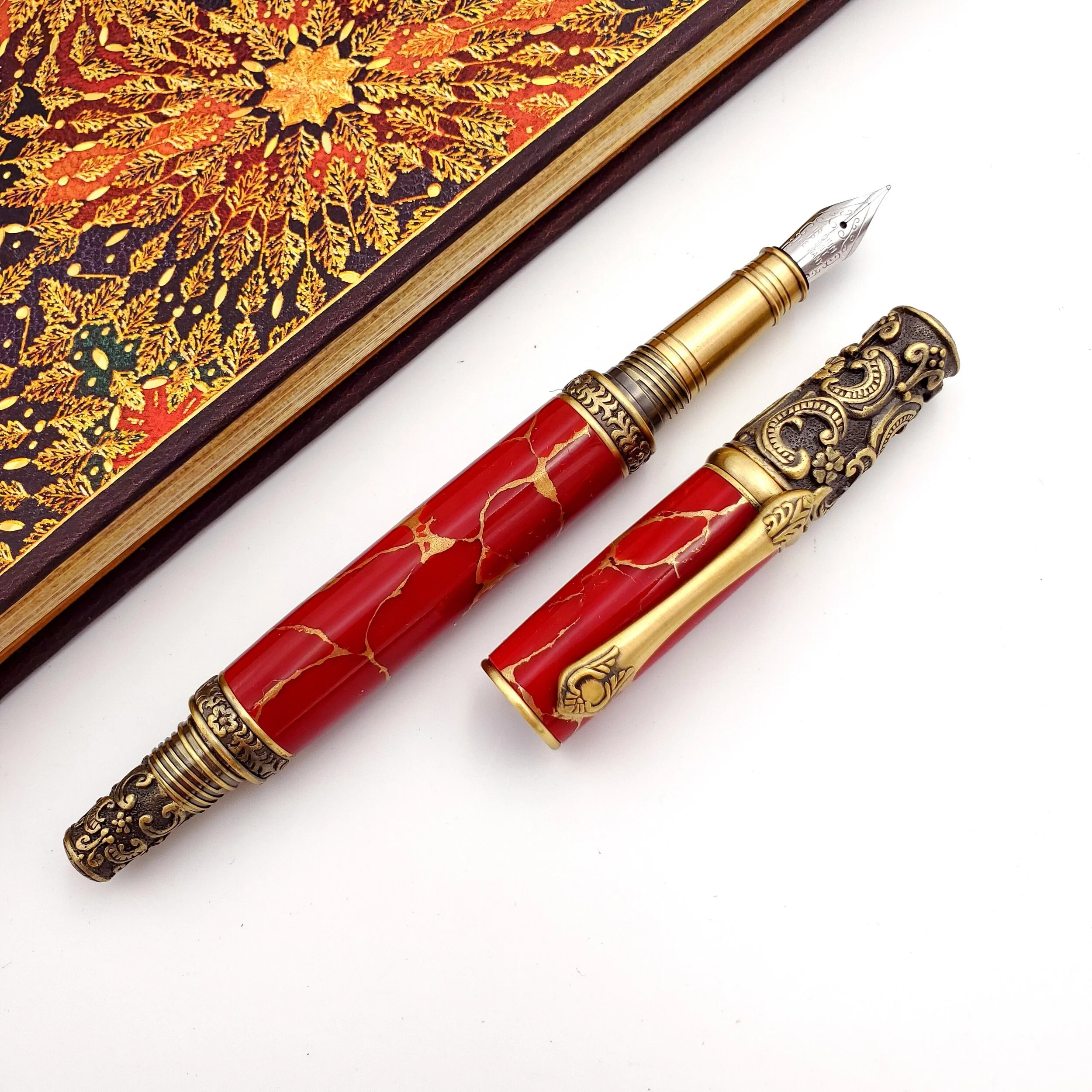 Maroon & Gold TruStone Victorian Fountain or Rollerball Pen