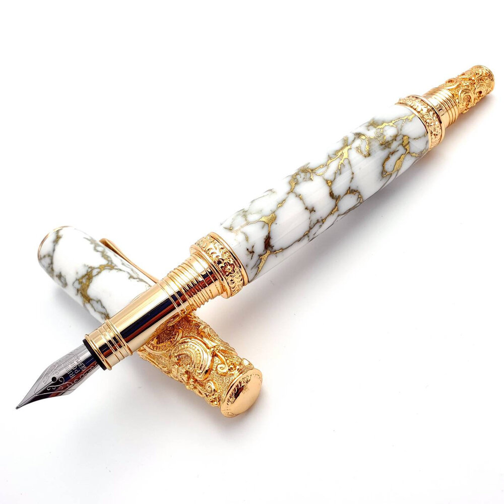 White marble TruStone Victorian 24kt Gold Fountain or Rollerball Pen —  Woodnotch