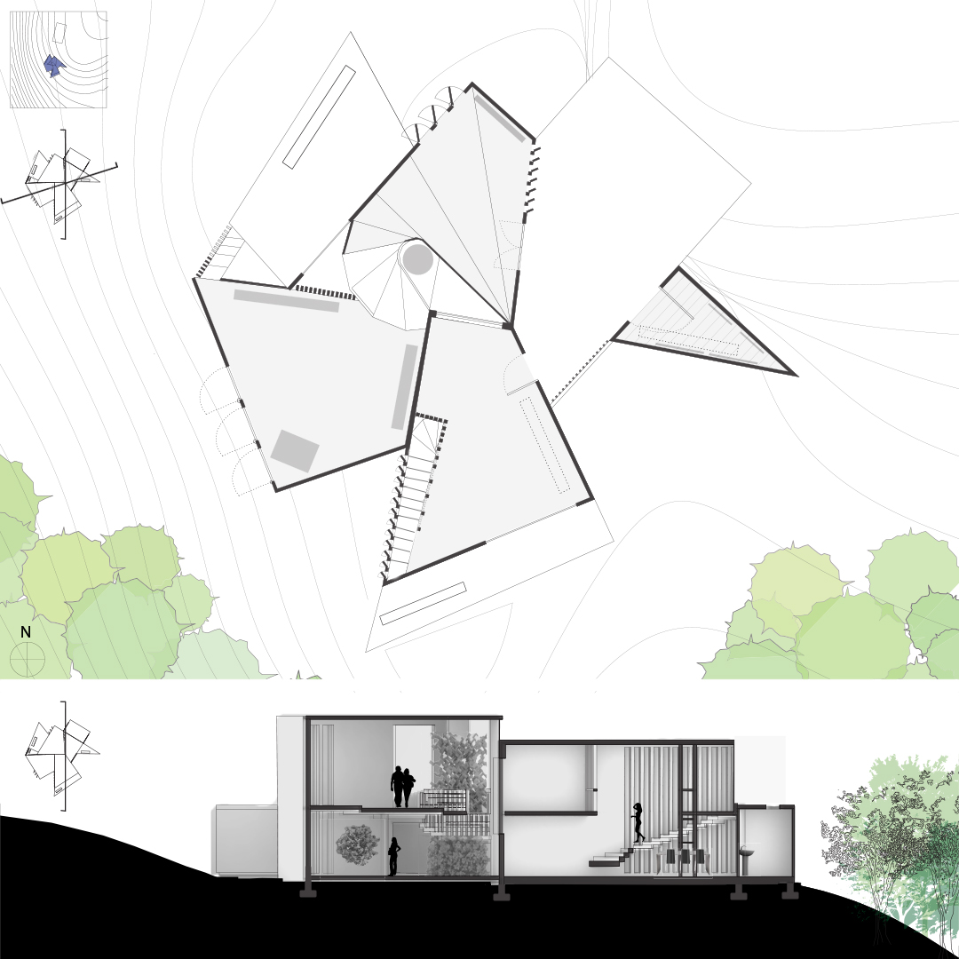 first floor plan + section 1/4" = 1'