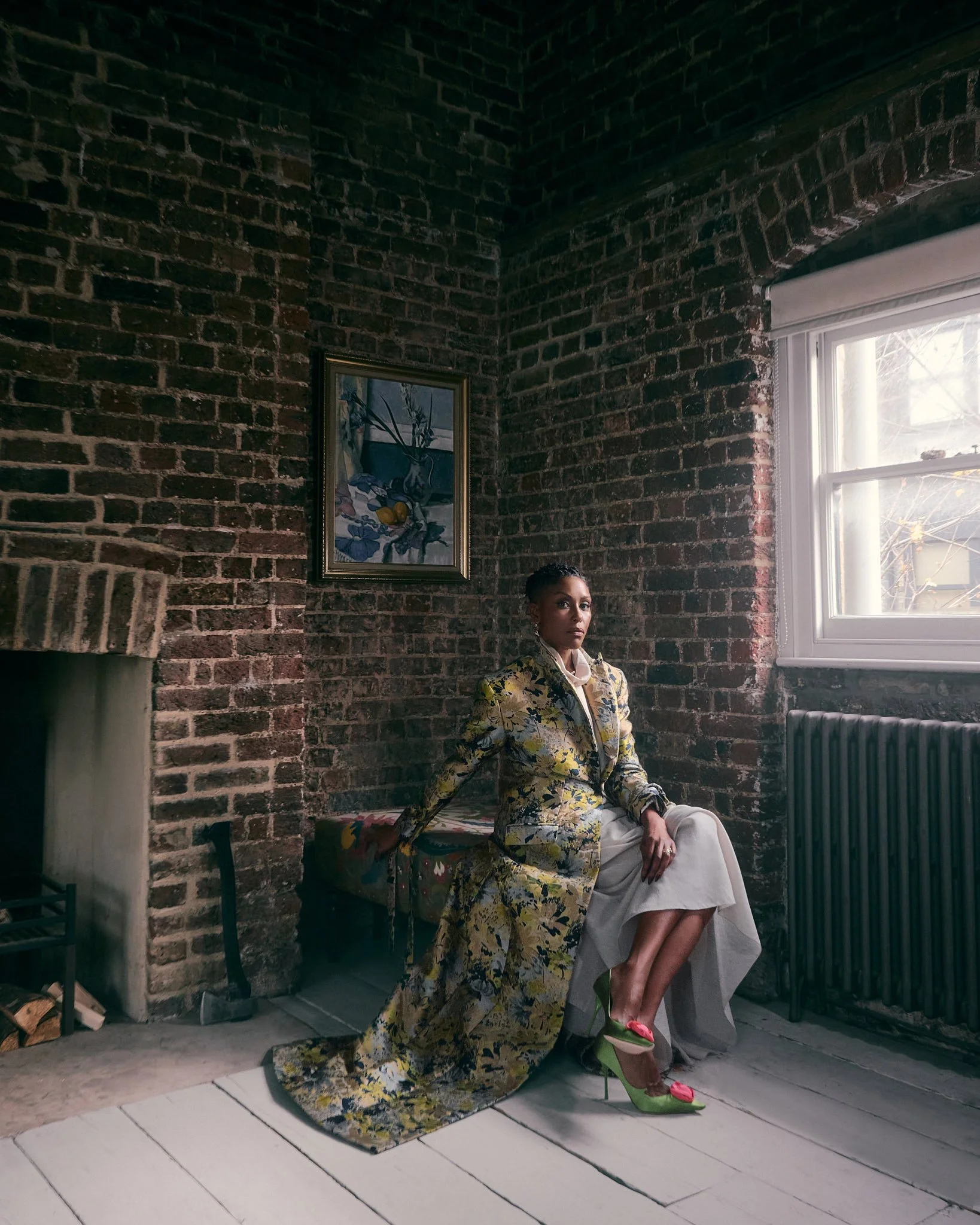 Actress Christine Adams in historic home and long foral jacket and dress posing for LE MILE magazine editorial fashion photography cover