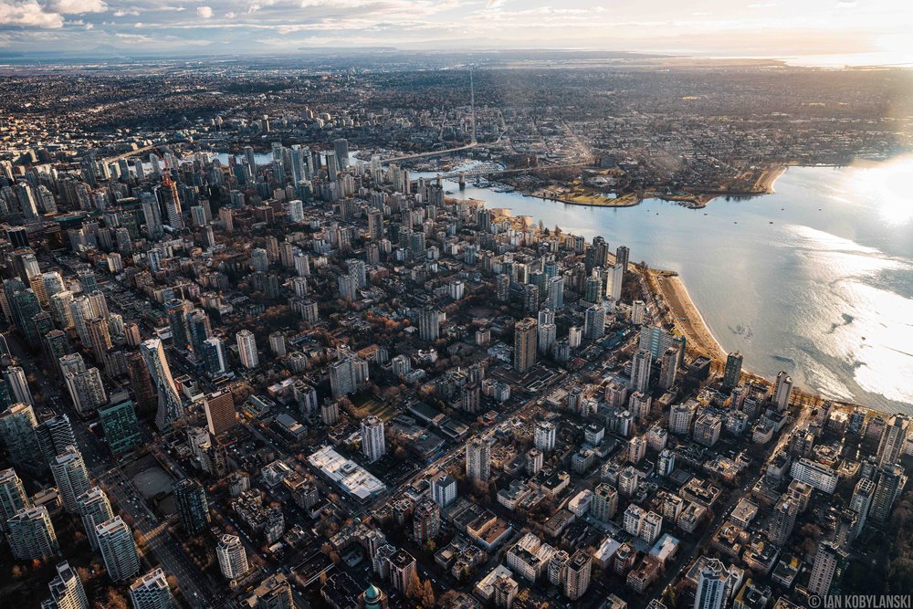  English Bay and the West End facing south, with Kits Point and Jericho Beach on the other side of the water. 