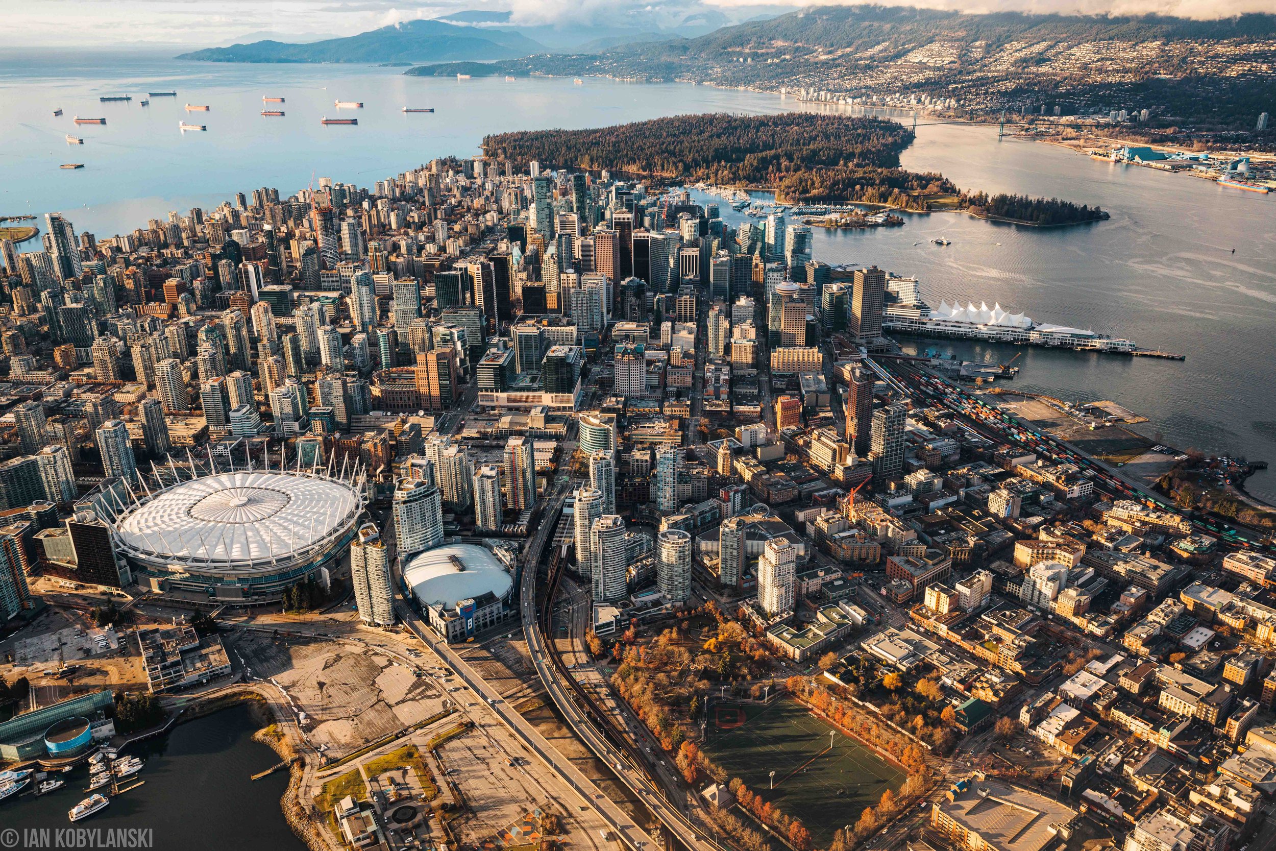   “Good Morning, Gastown” . Vancouver’s Chinatown and Gastown landscape from the air, leading into Stanley Park, the North Shore, the water, and beyond.  Available as a fine art print here.  