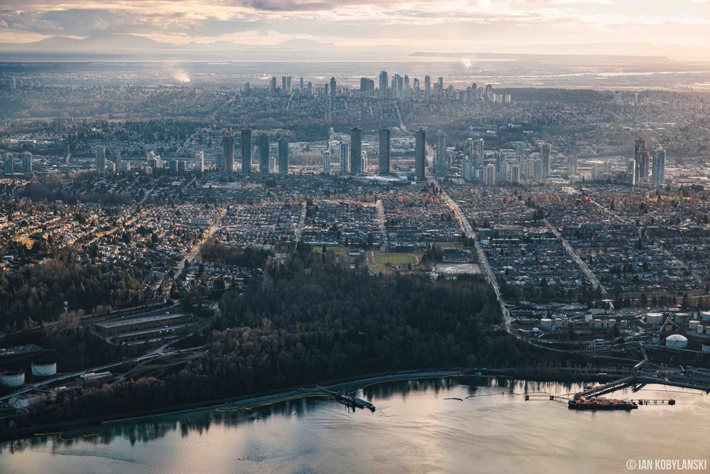  Brentwood and Metrotown, Burnaby skyline in 2023 at sunset. 