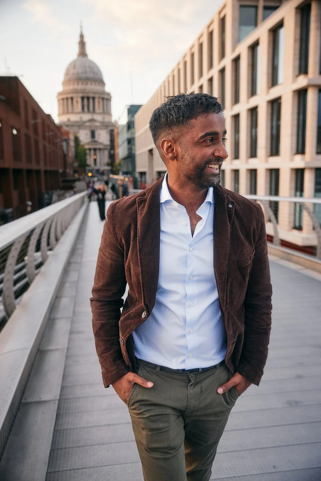 Personal Branding Photographer London | Finance Leader Walking on Bridge