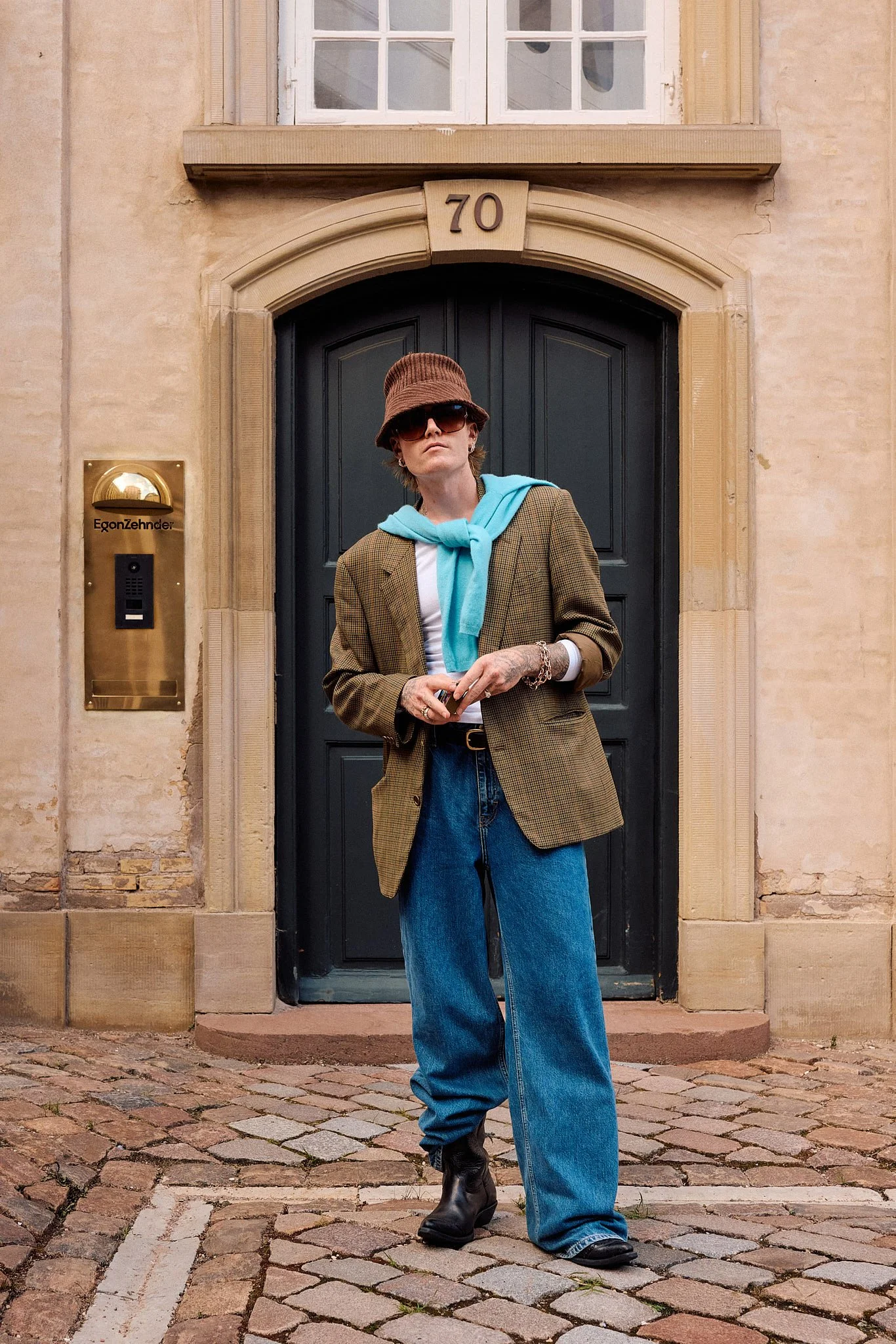 Street Style Photography: Copenhagen Fashion Week Spring/Summer for "Spotted by Pinterest" Campaign - Check Tweed Blazer and Knotted Turquoise Knit
