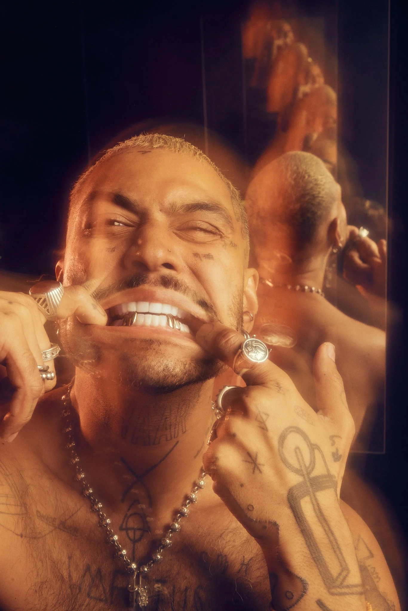 Portrait Photographer London | Infinity Mirror, Gold Teeth, and Tattoos