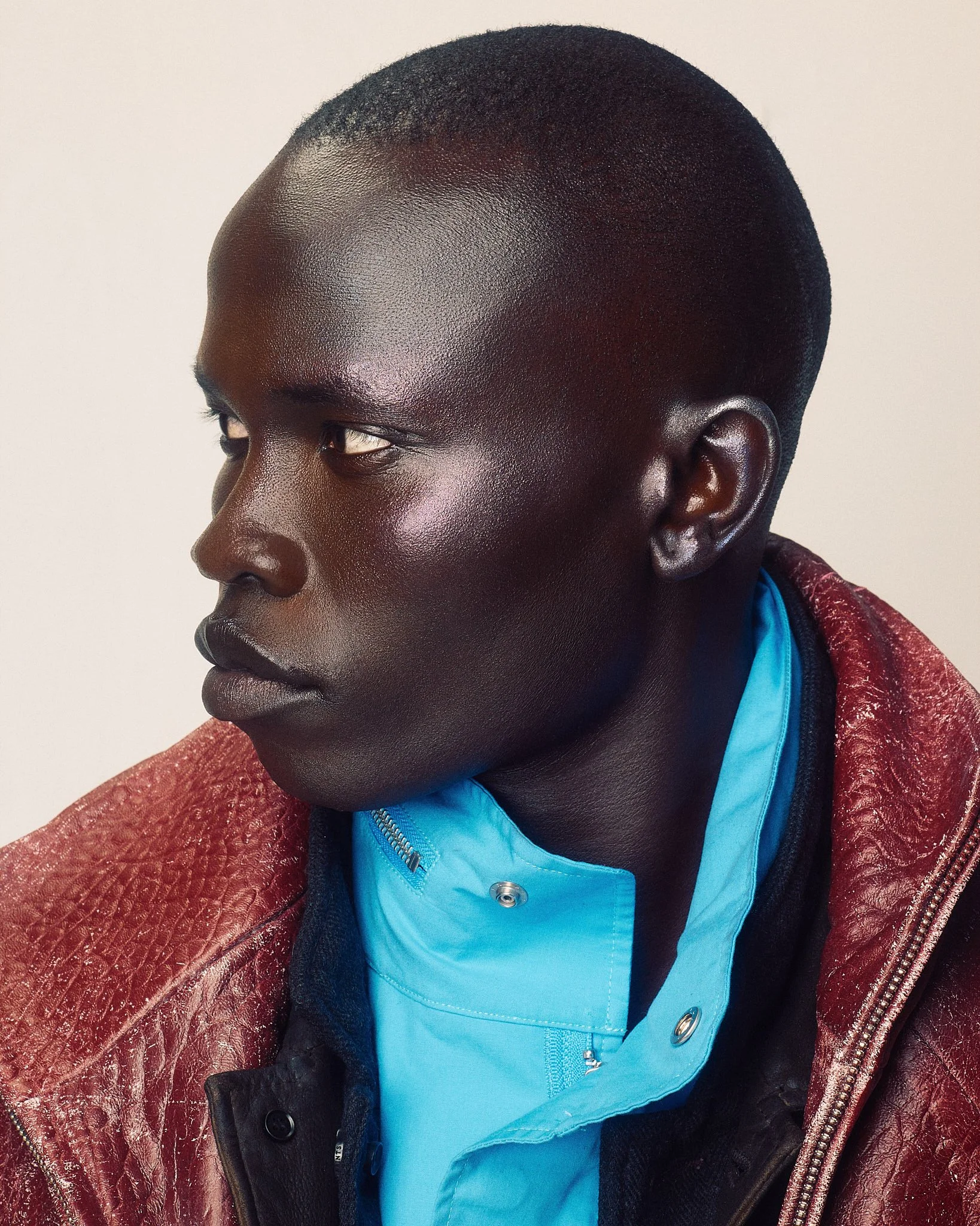 Portrait Photographer London | Cyan Collar, Burgundy Leather Profile for 1883 Magazine