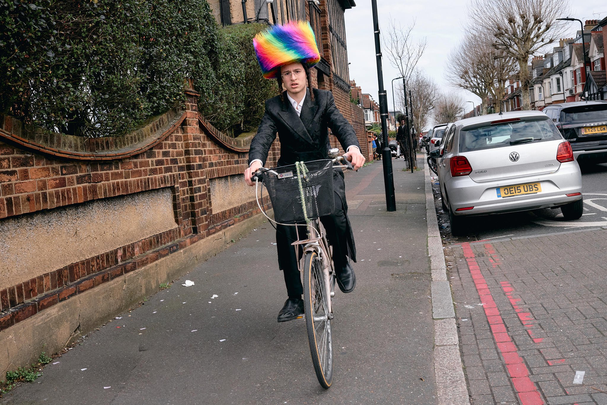 Purim in Stamford Hill | Rainbow Hat on a Bicycle