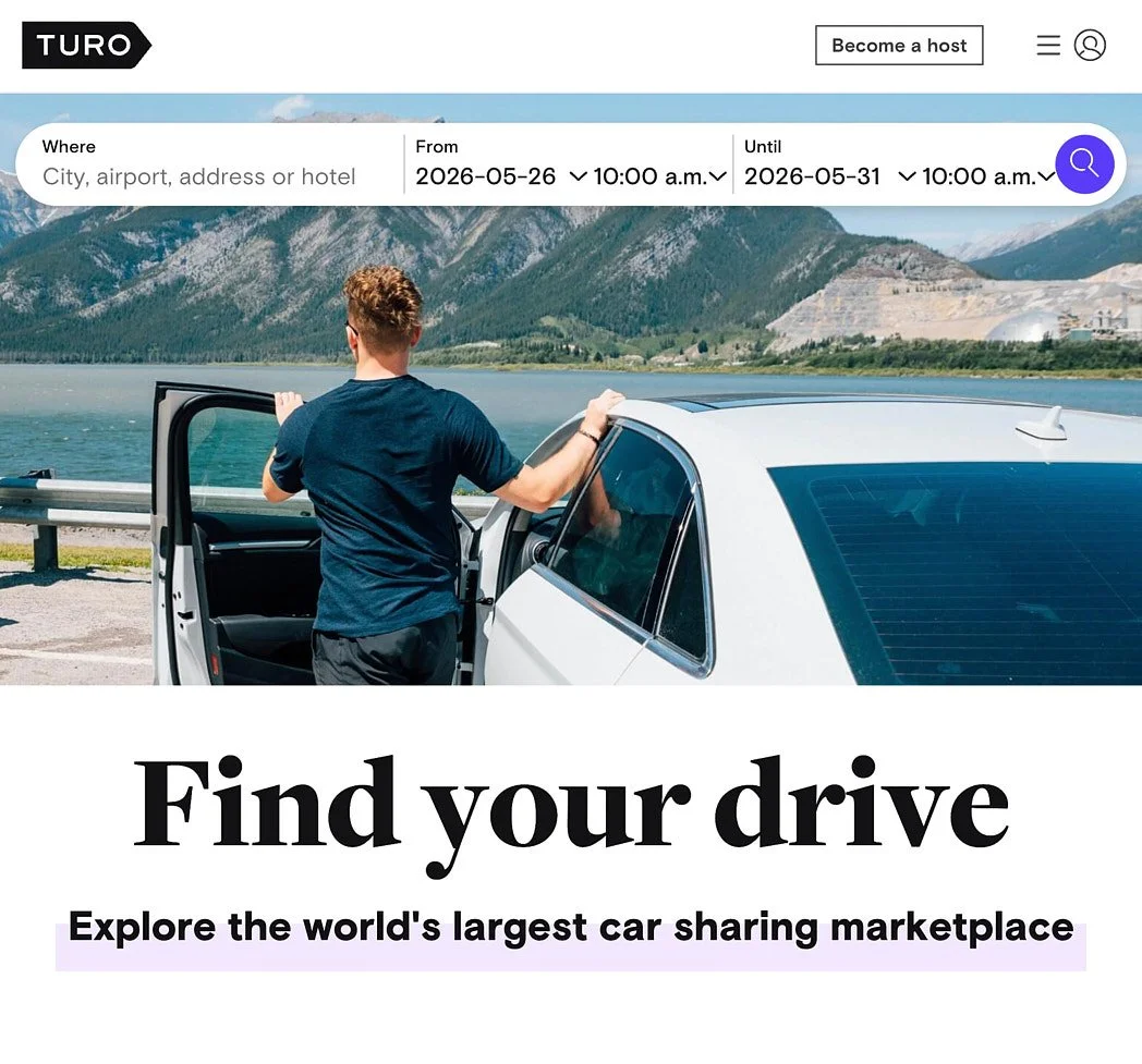 Advertising photographer London campaign image for Turo campaign image of man looking at mountain view and lake with hand on white car website placement screenshot.