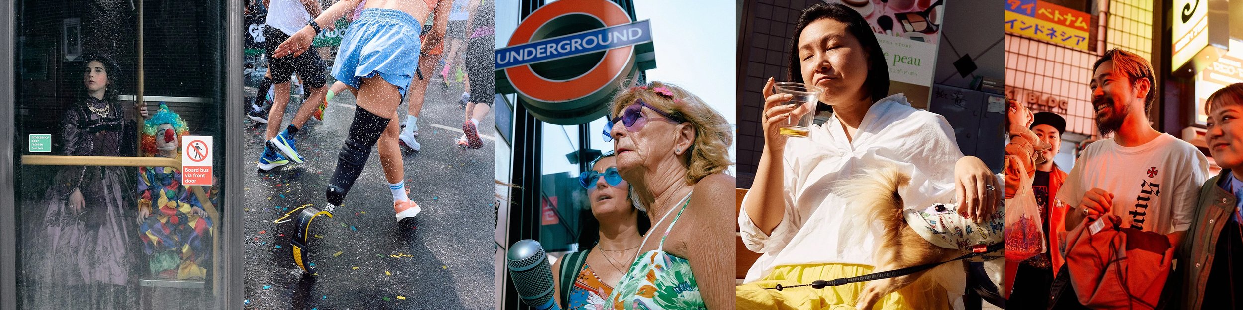 Street photographer London collage of five street photography images close up of expression and smiles in London and around the world with bright colours