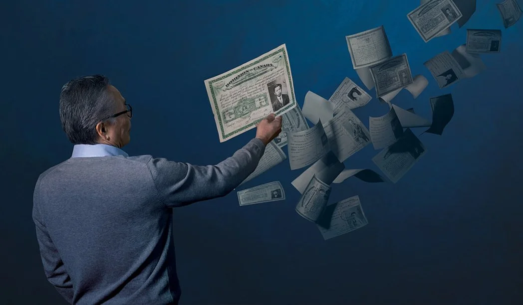 Advertising photographer London campaign image for out-of-home commercial lifestyle campaign of old Chinese man reaching out with historic Head Tax certificate in hand.