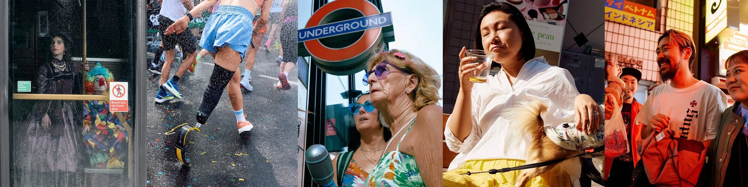Street photographer London five images side by side of candid poses with expression on streets of London bright with colour and detail