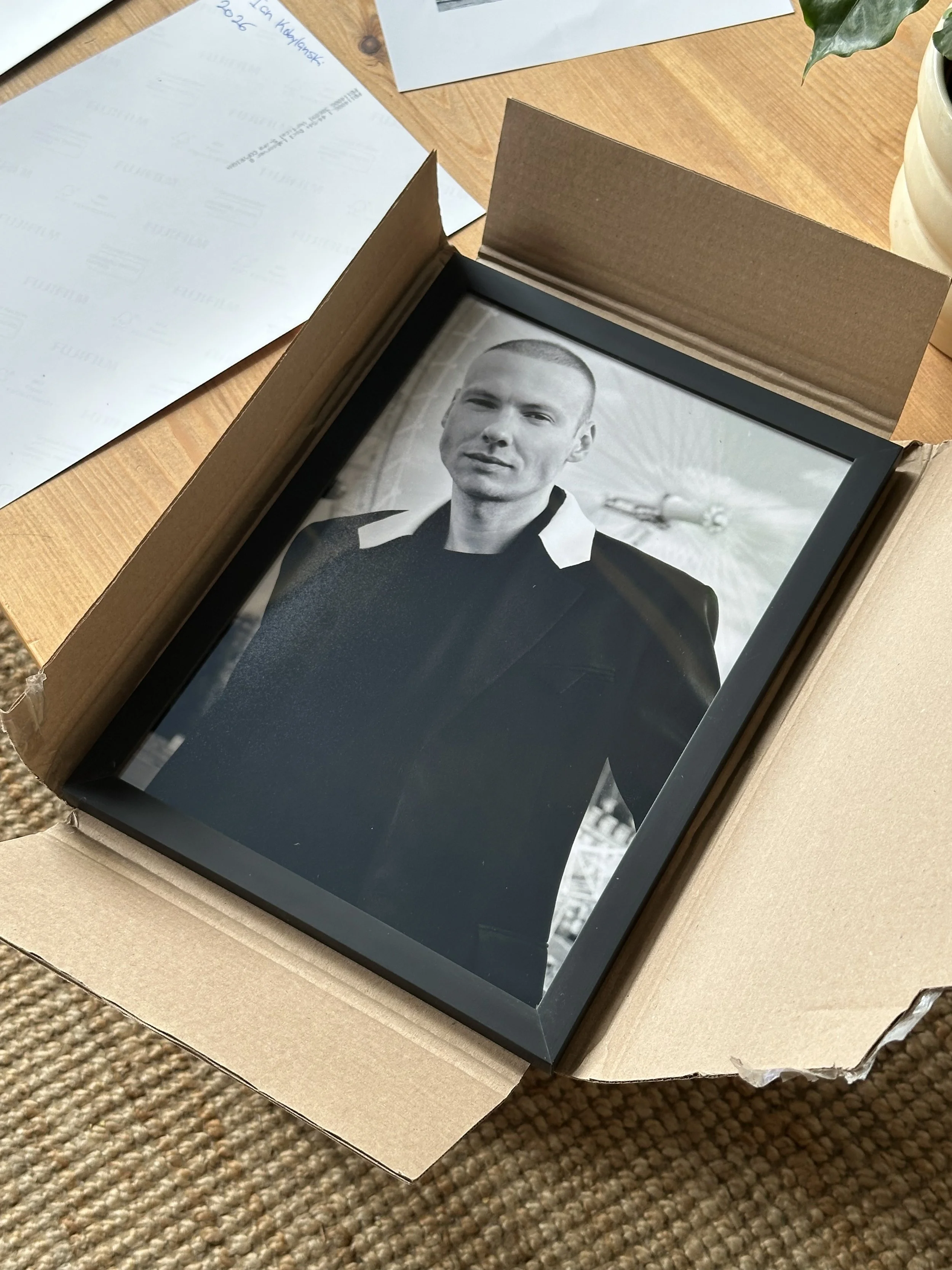 Framed personal branding portrait of Bernard Garby in London for ELLE Magazine black and white image in box ready to ship to client