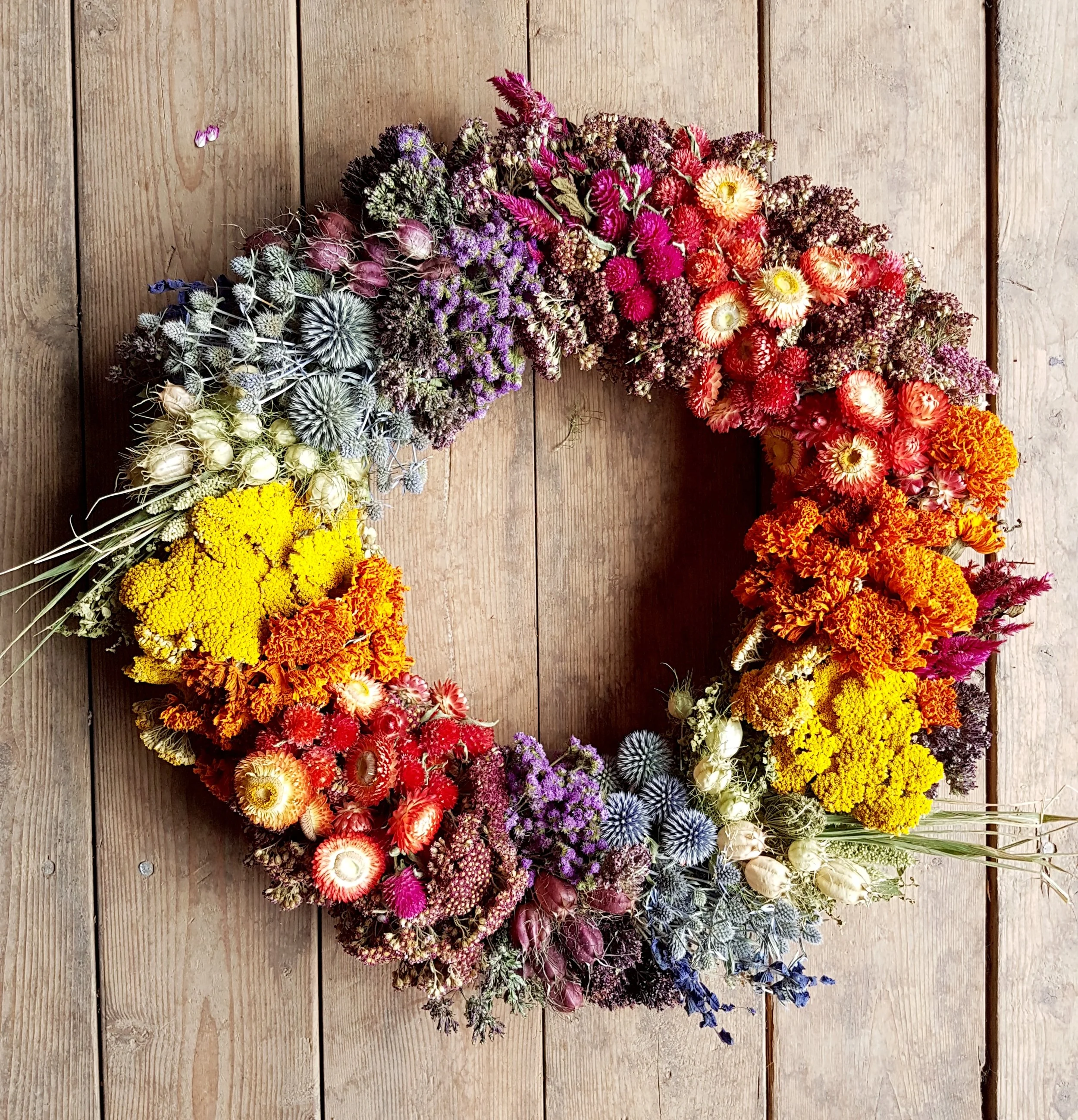 This rainbow wreath really shows off the color range that can be achieved with dried flowers!