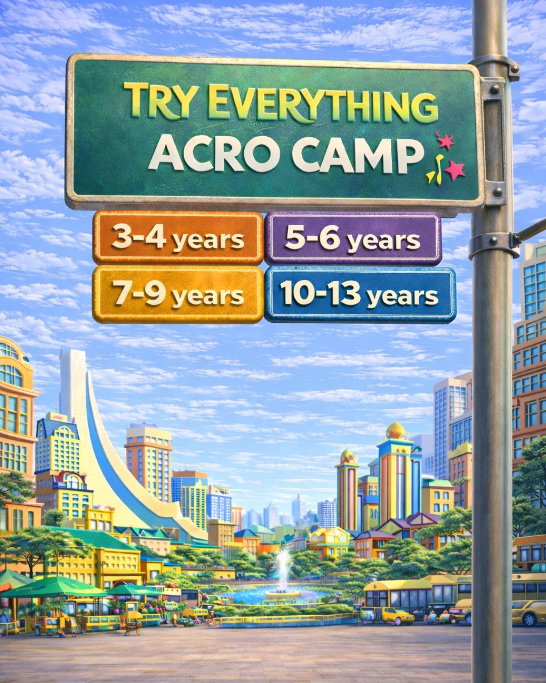 Inspired by the adventurous spirit and big dreams of Zootopia, Try Everything Acro Camp encourages dancers to be brave, try new things, and believe in themselves. 

Campers will explore beginner acro skills along with energetic hip hop &amp; jazz com