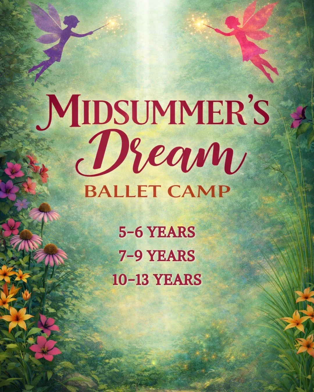 Step into a world of enchantment at Midsummer&rsquo;s Dream Ballet Camp! Inspired by the magic of summer and the beauty of classical ballet, this camp invites dancers to explore graceful movement, creativity, and storytelling through dance.

Dancers 