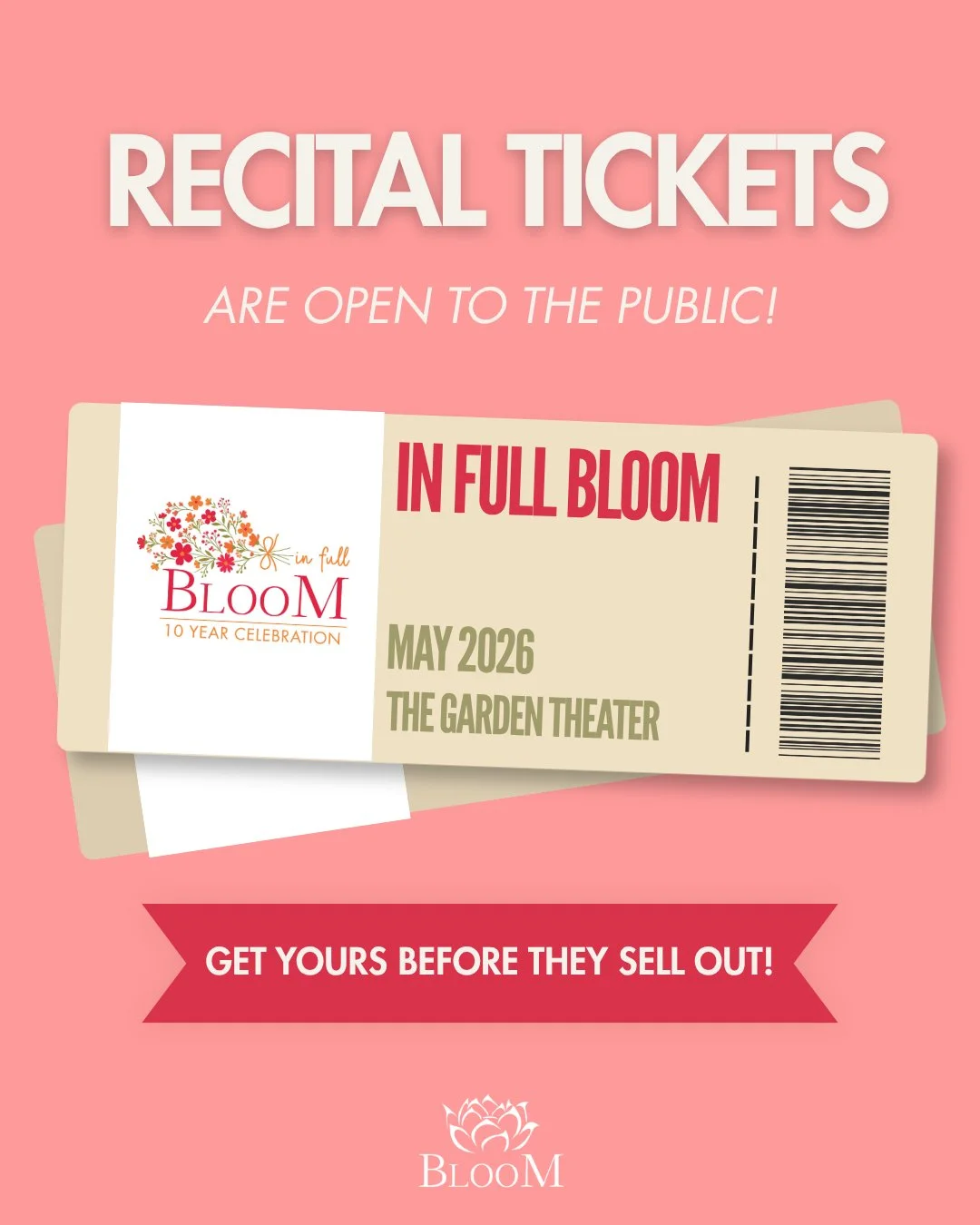 Recital tickets are now open to the public! 🎟️

Families are welcome to purchase any additional tickets they may need for any of the shows&mdash;grab yours before they&rsquo;re gone! ✨