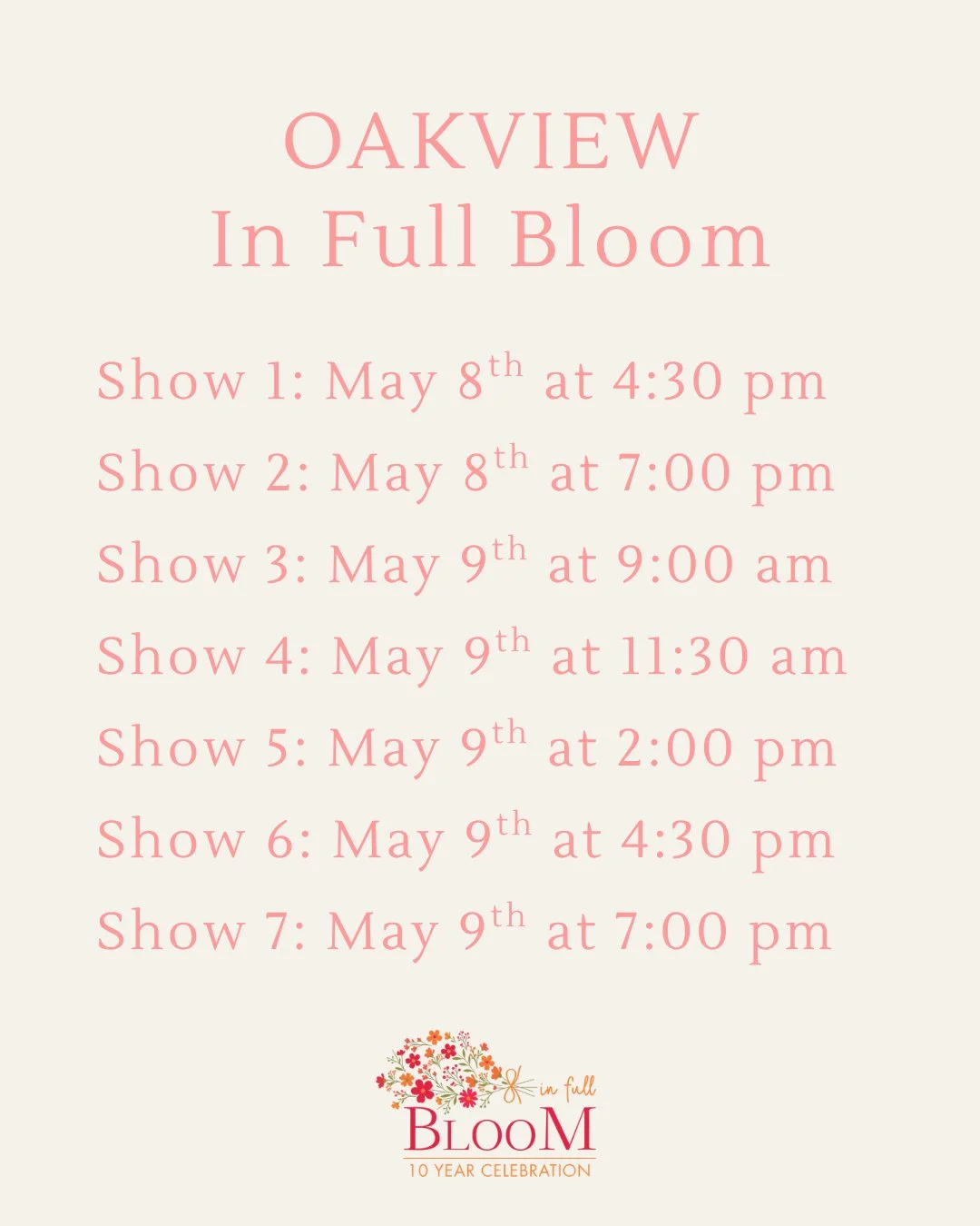 Happy show week, Oakview! Your dress rehearsals start TODAY! 🎉

Be sure to check your parent portal, emails, and recital guide so you don&rsquo;t miss any important details for the week ahead.

We can&rsquo;t wait to see you all shine on stage this 