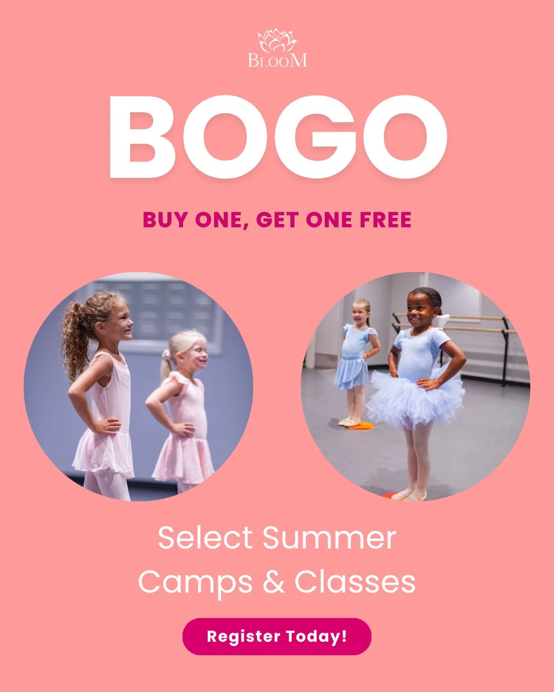 We&rsquo;re kicking off summer at Bloom with a limited-time BOGO offer on SELECT Summer Camps &amp; Classes! 🎉 Register for any eligible summer camp or class, and your sibling or friend can join for FREE!

How to claim your BOGO deal:
✨ Register for