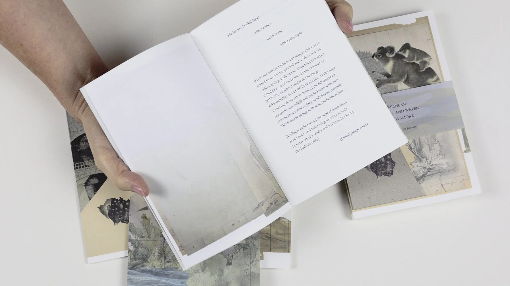  Gracia Haby &amp; Louise Jennison  A Hemline of Sky Through Smoke, A Hemline of Forest Through Smoke , and  A Hemline of Water Through Smoke,  2020 Unopened artists’ books Editions of 100  (Photo: Tim Gresham) 