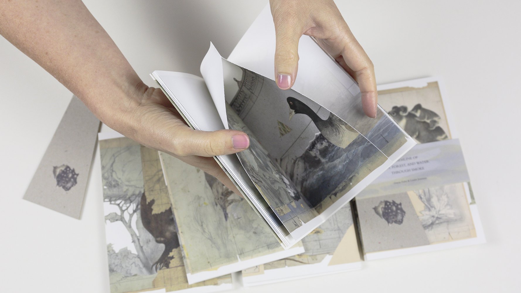  Gracia Haby &amp; Louise Jennison  A Hemline of Sky Through Smoke, A Hemline of Forest Through Smoke , and  A Hemline of Water Through Smoke,  2020 Unopened artists’ books Editions of 100  (Photo: Tim Gresham) 
