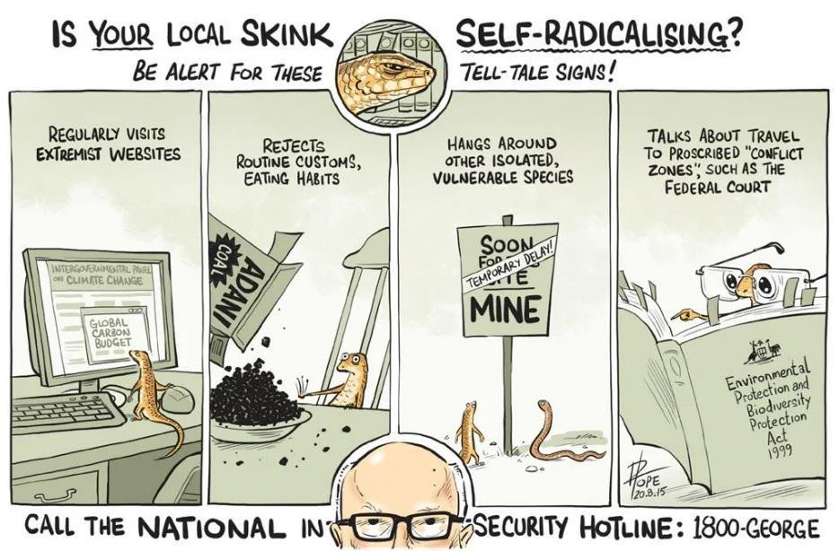 A Canberra Times cartoon during Mackay Conservation Group's court challenge of Adani's mine
