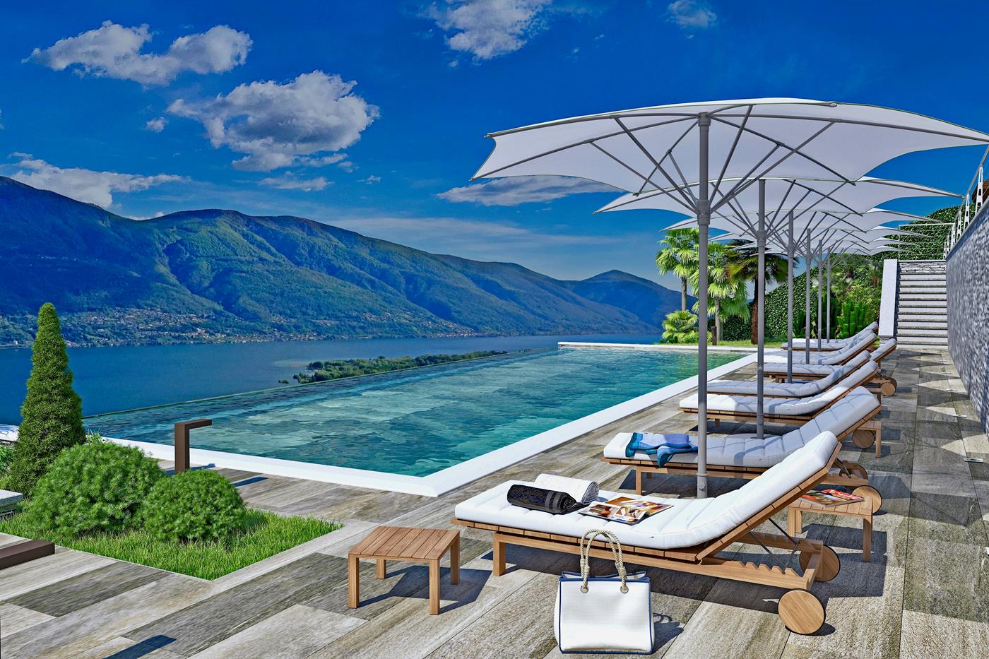 Grande piscina esterna con vista panoramica sul Lago Maggiore